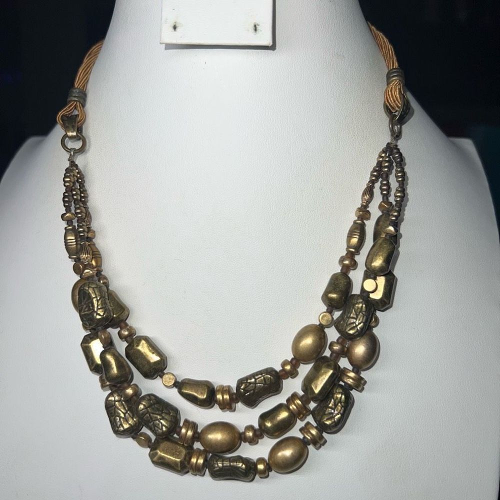 Coldwater Creek Chunky Boho Statement Necklace Layered Gold Tone Mixed Beads